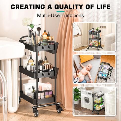 عربة YASONIC ذات 3 طبقات، عربة أدوات معدنية مع 3 أكواب تعليق و4 خطافات، منظم عربة تخزين شبكي مطور، سهلة التجميع، عربات دوارة بعجلات للمطبخ المكتبي in Kuwait