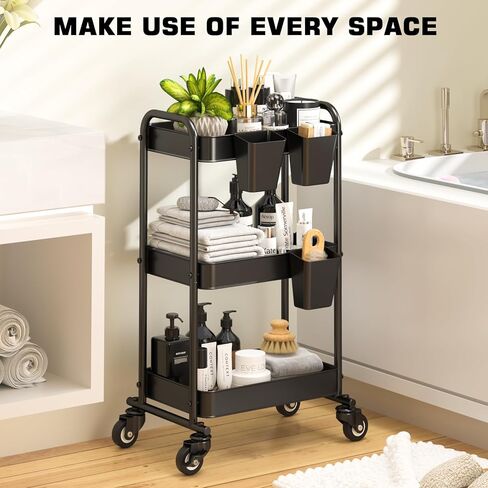 عربة YASONIC ذات 3 طبقات، عربة أدوات معدنية مع 3 أكواب تعليق و4 خطافات، منظم عربة تخزين شبكي مطور، سهلة التجميع، عربات دوارة بعجلات للمطبخ المكتبي in Kuwait