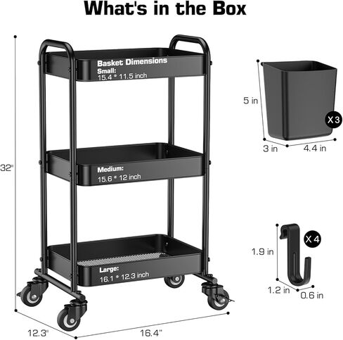 عربة YASONIC ذات 3 طبقات، عربة أدوات معدنية مع 3 أكواب تعليق و4 خطافات، منظم عربة تخزين شبكي مطور، سهلة التجميع، عربات دوارة بعجلات للمطبخ المكتبي in Kuwait