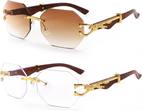 Dollger Rimless Rectangle Sunglasses for Women Men Fashion Hip hop Frameless Designer Shades Wooden Y2K Square Sun Glasses in Saudi Arabia