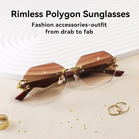 Dollger Rimless Rectangle Sunglasses for Women Men Fashion Hip hop Frameless Designer Shades Wooden Y2K Square Sun Glasses in Saudi Arabia