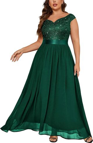 Miusol Women's Plus Size Elegant Lace Contrast Sequin V-Neck Floral Formal Evening Maxi Dress in Saudi Arabia
