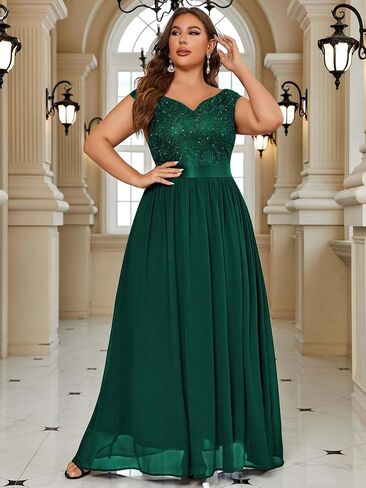 Miusol Women's Plus Size Elegant Lace Contrast Sequin V-Neck Floral Formal Evening Maxi Dress in Saudi Arabia