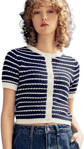 Womens Short Sleeve Striped Sweaters Tops Crew Neck Pullover Shirt Lightweight Knit Cardigans Blouse in Saudi Arabia