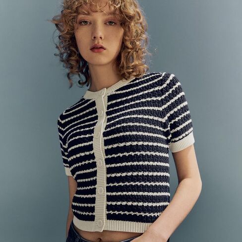 Womens Short Sleeve Striped Sweaters Tops Crew Neck Pullover Shirt Lightweight Knit Cardigans Blouse in Saudi Arabia