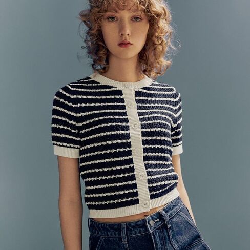 Womens Short Sleeve Striped Sweaters Tops Crew Neck Pullover Shirt Lightweight Knit Cardigans Blouse in Saudi Arabia