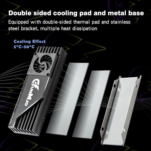 GUNMJO M.2 2280 SSD Heatsink, 20mm Built-in Cooling Fan, Aluminum Plate-Fin Design, with Thermal pad for AI and Gaming PC, Black in Saudi Arabia