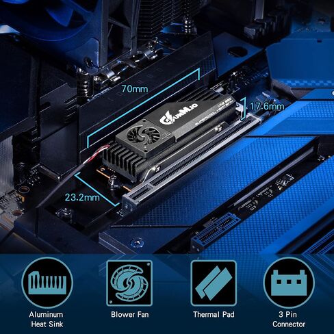 GUNMJO M.2 2280 SSD Heatsink, 20mm Built-in Cooling Fan, Aluminum Plate-Fin Design, with Thermal pad for AI and Gaming PC, Black in Saudi Arabia