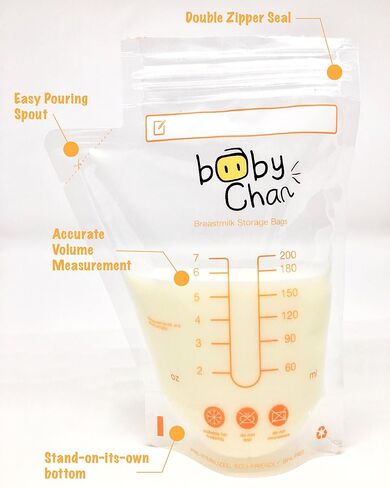 Baby Chan Breast Milk Storage Bags, 100 Count (2 Packs of 50 Bags) with Double Zipper Seal and Convenient Pour Spout, Excellent for Storing and Freezing Breastmilk, Pre-sterilized, BPA and BPS-Free in Saudi Arabia