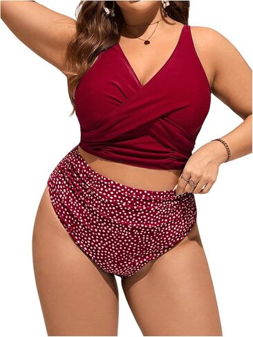 WDIRARA Women's Plus Size Spotted Print Vest Style Swimsuit Criss Cross Ruched Tankini Top and High Waist Bottom Bikini in Kuwait