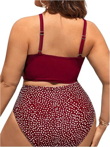 WDIRARA Women's Plus Size Spotted Print Vest Style Swimsuit Criss Cross Ruched Tankini Top and High Waist Bottom Bikini in Kuwait