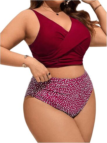 WDIRARA Women's Plus Size Spotted Print Vest Style Swimsuit Criss Cross Ruched Tankini Top and High Waist Bottom Bikini in Kuwait