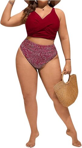 WDIRARA Women's Plus Size Spotted Print Vest Style Swimsuit Criss Cross Ruched Tankini Top and High Waist Bottom Bikini in Kuwait