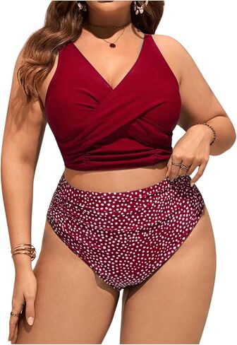 WDIRARA Women's Plus Size Spotted Print Vest Style Swimsuit Criss Cross Ruched Tankini Top and High Waist Bottom Bikini in Kuwait