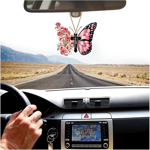 Butterfly Jesus Cross Hanging Ornament for Car, Christian Lover Religious Auto Rear View Mirror Accessories, Christmas Tree Charm, Flower Faith Vehicle Interior Pendant Decoration (Style A) in Saudi Arabia