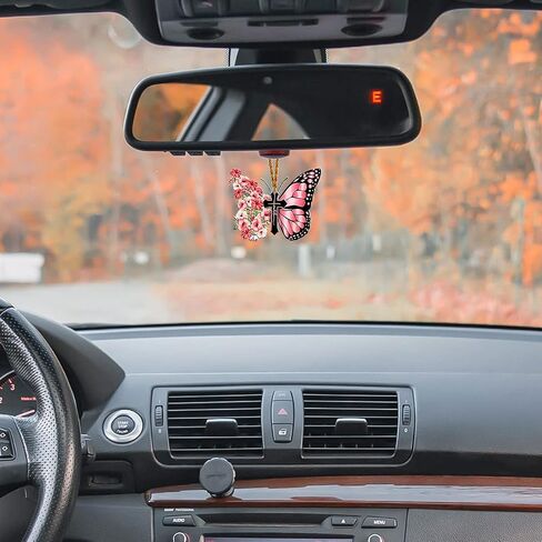 Butterfly Jesus Cross Hanging Ornament for Car, Christian Lover Religious Auto Rear View Mirror Accessories, Christmas Tree Charm, Flower Faith Vehicle Interior Pendant Decoration (Style A) in Saudi Arabia