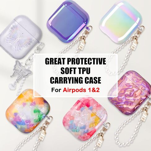 حافظة ليزر لامعة لأجهزة AirPods 2/1 مع سوار معصم لؤلؤي وسلسلة مفاتيح حافظة واقية ناعمة من مادة TPU للنساء والفتيات والأطفال متوافقة مع AirPod 2nd & 1st Gen - أرجواني أرجواني in Kuwait