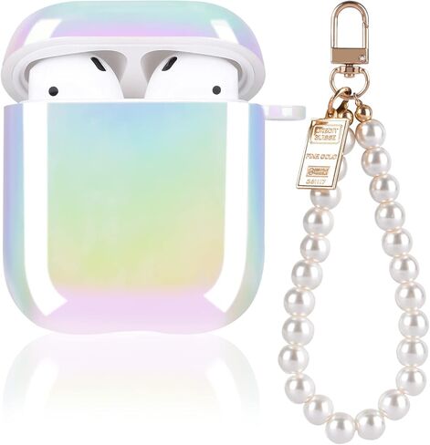 Glitter Laser Case for AirPods 2/1 with Pearl Wrist Bracelet Chain Keychain Soft TPU Protective Case for Women Girls Kids Cover Compatible with AirPod 2nd &1st Gen -Lilac Purple in Saudi Arabia