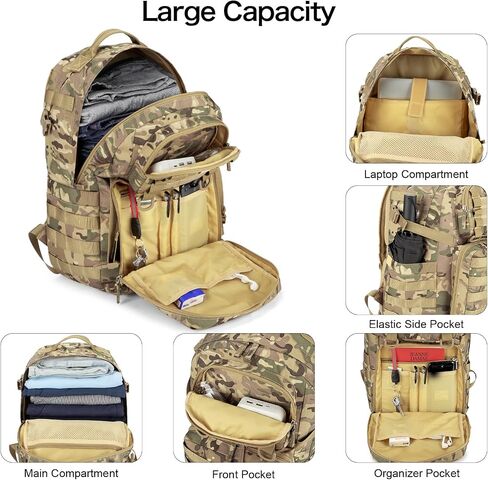 Tzowla Tactical Military Grade Backpack Waterproof,Travel Laptop Army Molle Rucksack for Men and Women with Small Detachable Bag,Army 3 Days Assault Pack Bag,Black in Saudi Arabia
