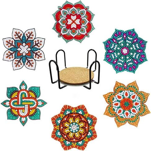 Diamond Painting Coasters Kits, LVIITIS 6pcs 5D Christmas Diamond Painting Coasters with Holder for Adults and Kids,DIY Diamond Art Coasters for Beginners Home Decor (Mandala Style B) in Saudi Arabia