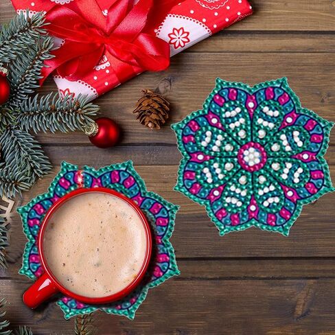 Diamond Painting Coasters Kits, LVIITIS 6pcs 5D Christmas Diamond Painting Coasters with Holder for Adults and Kids,DIY Diamond Art Coasters for Beginners Home Decor (Mandala Style B) in Saudi Arabia