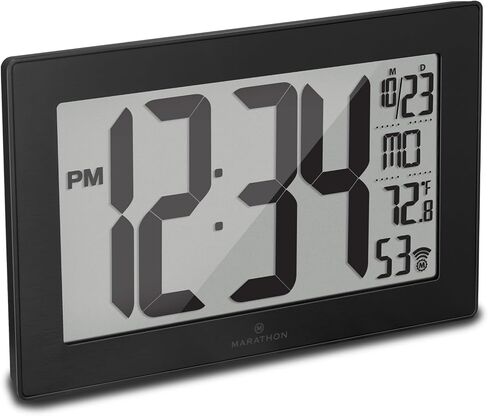 MARATHON Atomic Wall Clock with Stand, Black Frame/Stainless Steel Finish - Large, 9-Inch Display - AM/PM or 24-Hour Time Format, Eight Time Zones & Indoor Temperature - Two AA Batteries Included in Saudi Arabia