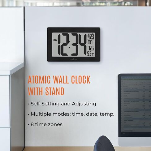 MARATHON Atomic Wall Clock with Stand, Black Frame/Stainless Steel Finish - Large, 9-Inch Display - AM/PM or 24-Hour Time Format, Eight Time Zones & Indoor Temperature - Two AA Batteries Included in Saudi Arabia