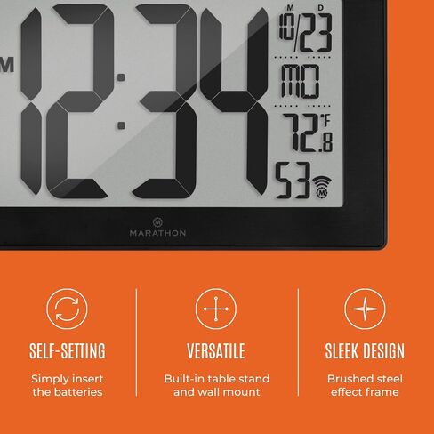 MARATHON Atomic Wall Clock with Stand, Black Frame/Stainless Steel Finish - Large, 9-Inch Display - AM/PM or 24-Hour Time Format, Eight Time Zones & Indoor Temperature - Two AA Batteries Included in Saudi Arabia