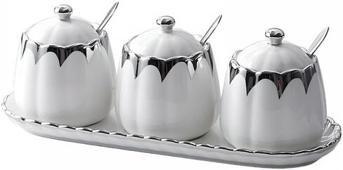 Porcelain Condiment Jar Spice Container with Lids, Spoon and Tray, Set of 3,Modern Spice Box Seasoning Jar for Your Home, Kitchen, Counter (White gold) in Saudi Arabia