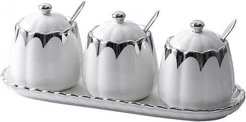 Porcelain Condiment Jar Spice Container with Lids, Spoon and Tray, Set of 3,Modern Spice Box Seasoning Jar for Your Home, Kitchen, Counter (White gold) in Saudi Arabia