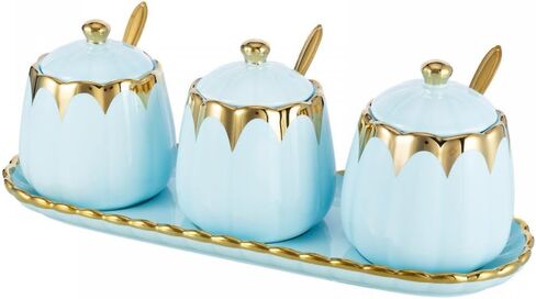 Porcelain Condiment Jar Spice Container with Lids, Spoon and Tray, Set of 3,Modern Spice Box Seasoning Jar for Your Home, Kitchen, Counter (White gold) in Saudi Arabia
