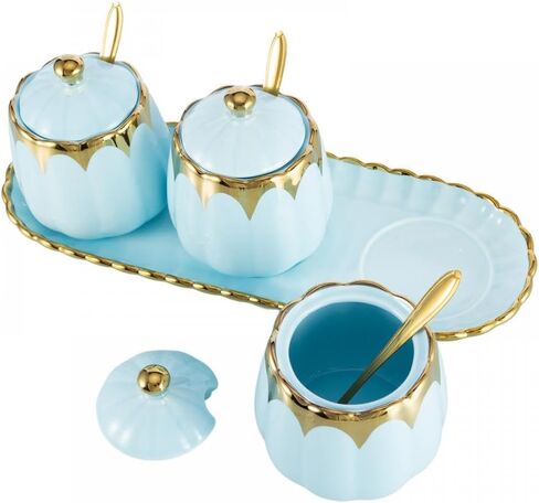 Porcelain Condiment Jar Spice Container with Lids, Spoon and Tray, Set of 3,Modern Spice Box Seasoning Jar for Your Home, Kitchen, Counter (White gold) in Saudi Arabia