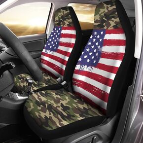 American Flag Army Camouflage Pattern Auto Front Seats Protector, 2pcs Thin Soft Car Seat Cover only for Front for Men Women Fit for Truck Sedan SUV