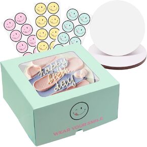 12PCS 10x10x5inch Cake Boxes with Window, 12PCS Cake Board, Free Smiley Stickers for Pastry Boxes, Baking Boxes, Takeout Container for Cake, Donuts, Cookies, Chocolate Strawberries (Yellow)