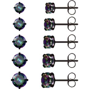Surgical Steel Stud Earrings Set for Women, Clear Round Cubic Zirconia Earrings Pack, Hypoallergenic 14K White Gold Black Plated 316L CZ Earrings 5 Pairs