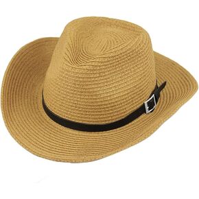 Straw Cowboy Hat, Men Women Summer Beach Panama Sun Hats Wide Brim Fedora UPF50+