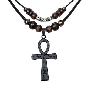 Double Layer Egyptian Necklace Ankh Cross Pendant for Men Women Stainless Steel Ancient Egyptian Hieroglyphic Symbol Necklace (Black)