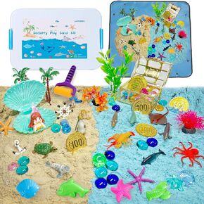 Ocean Sensory Bin for Kids Underwater Mermaid Sensory Play Sand Kit, Under The Sea Sensory Sandbox Toys with 2.2lbs Magic Sand, Sea Animals Figures, Treasure Box, Gift for Boys Girls Kids Activities