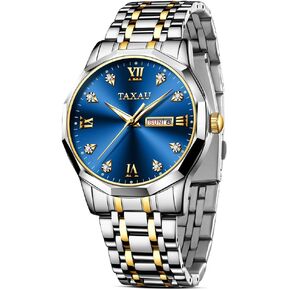 Men's Watch, Big Face Easy to Read Silver Gold Stainless Steel Men Quartz Watch with Day Date, Luxury Diamond Roman Numeral Waterproof Men's Dress Watch
