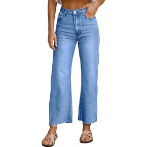 PLNOTME Women's High Waisted Baggy Jeans Boyfriend Wide Straight Leg Raw Hem Casual Denim Pants