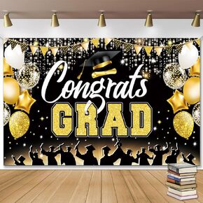 Graduation Backdrop 2024, Black and Gold Graduation Banner, Congrats Grad Banner Background for Graduation Decorations Class of 2024, Graduation Party Decorations for College School Prom 71x43inch