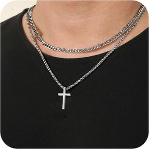 Cross Necklace for Men - 18K Whited Gold/Gold/Black Plated Layered Cross Necklace Stainless Steel Plain Cross Pendant Necklace Cuban Box Chain Cross Necklace for Men 16-30 Inch