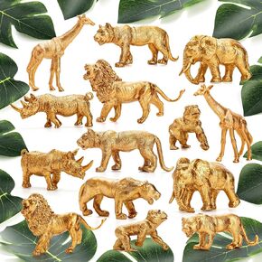 ZENFUN Set of 26 Gold Safari Animal Figures, 14 Pcs Jungle Animal Toy and 12 Pcs Faux Tropical Palm Leaves, Plastic Zoo Animal Figure with Elephant Lion Giraffe Orangutan Rhinoceros Cheetah Leopard