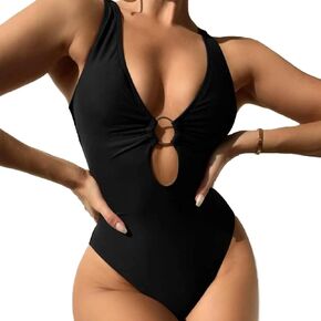 Women's Sexy V Neck One Piece Swimsuit O-Ring Cut Out Bathing Suit Twist Back Swimwear