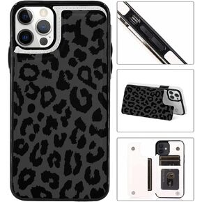 Flip Leather Wallet Case for iPhone 12 Pro Max - Card Holder Kickstand Phone Case for Women, Personalized Picture Text Double Magnetic Buttons Shockproof Case (Black Leopard)