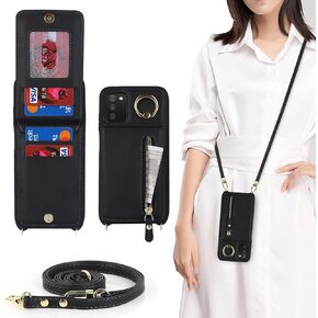 Samsung Galaxy A03s Case with Card Holder for Women,Galaxy A03s Phone Case Wallet with Strap Credit Card Slots Crossbody with Kickstand Zipper Case for GalaxyA03s - Black