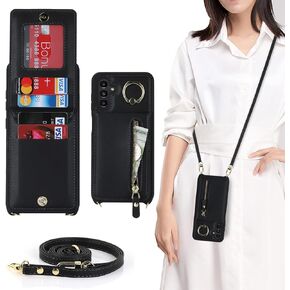 Samsung Galaxy A13 5G/4G Case with Card Holder for Women, Galaxy A13 5G/4G Phone Case Wallet with Strap Credit Card Slots Crossbody with Zipper Shockproof Case for A13 5G/4G - Black