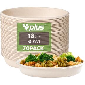 Vplus 70 Pack 18 OZ Paper Bowls, Disposable Compostable Bowls Bulk, Eco-friendly Bagasse Bowls, Heavy-duty Bowls Perfect for Milk Cereals, Snacks, Salads