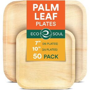ECO SOUL Compostable 7 & 10 Inch Palm Leaf Square Plates (100 Count) Like Bamboo Plates | Biodegradable | Eco-Friendly, Microwave & Oven Safe - Party Pack
