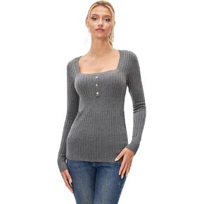 AmélieBoutik Women Cotton Blend Square Neck Empire Waist Long Sleeve Sweater